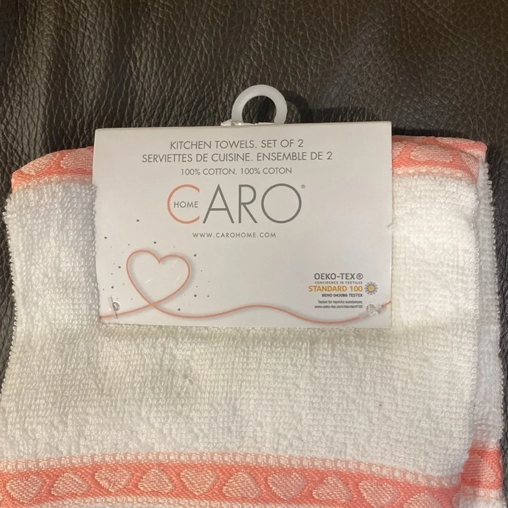 NWT Caro Home White and Pink Kitchen Towels Set of 2- Hearts, valentines